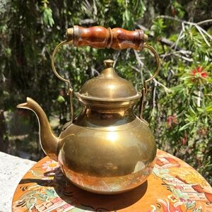Vintage 1970s Solid Brass Tea Kettle‎ Wooden Handle Made in India Cabin Cottage